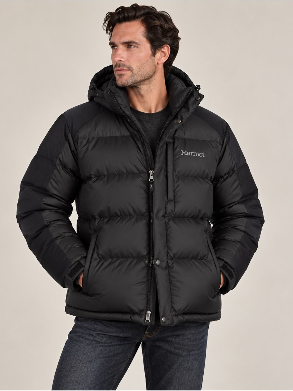 Marmot 700 Fill Goose Down Black Puffer Jacket Men’s Large Removable Hood